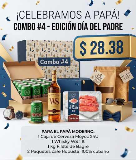 Combo #4 Día de los Padres (1 paquete de filete de bagre 1 kg, 1 caja de cerveza Moyoc de 24 U, 1 whisky WS 1lt y 2 café Robusta)